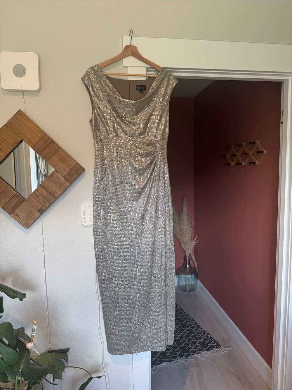 connected apparel Metallic Silver Cowl Midi Dress